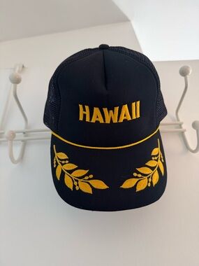 Vintage Hawaii Embroidered Trucker Hat in Black & Gold